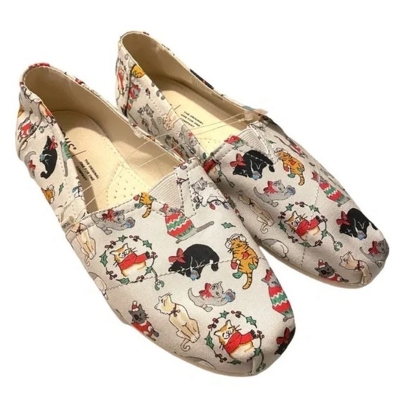 NEW TOMS Women’s Belmont Holiday Cats Print Light Grey Flats Shoes Size 7.5 - Picture 1 of 10